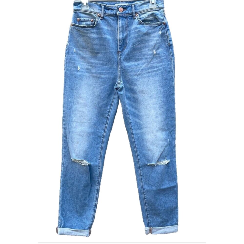 LOFT High Rise Boyfriend Jeans Medium Wash Distressed Cuffed Size 29x29 Stretch